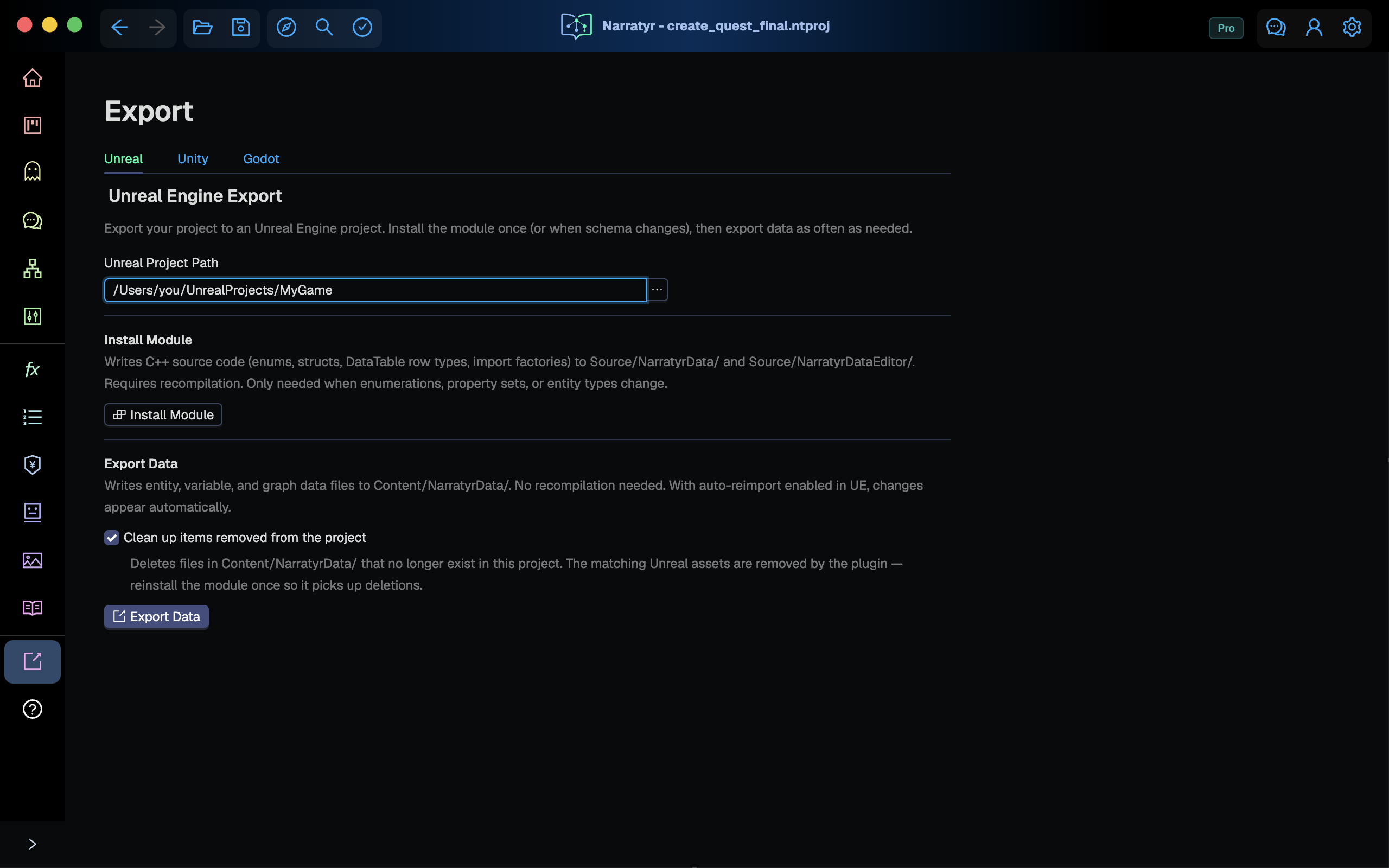 Narratyr's Export view with the Unreal tab selected, showing the Unreal Project Path field, the Install Module section, and the Export Data section with a cleanup checkbox