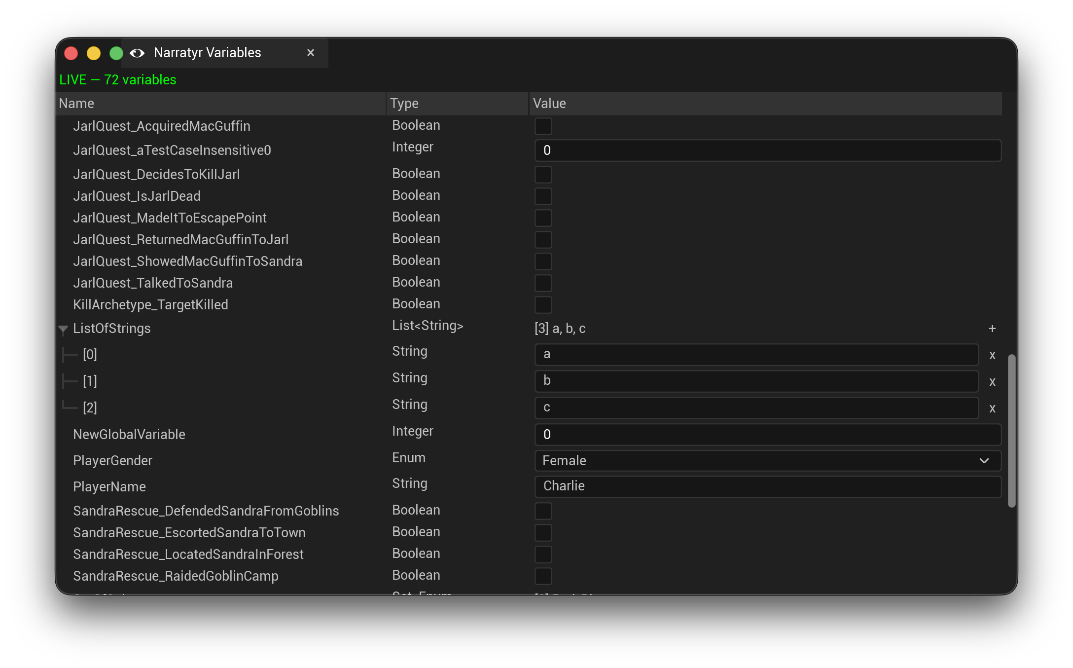 The Narratyr Variables tab during Play In Editor with an expanded string list