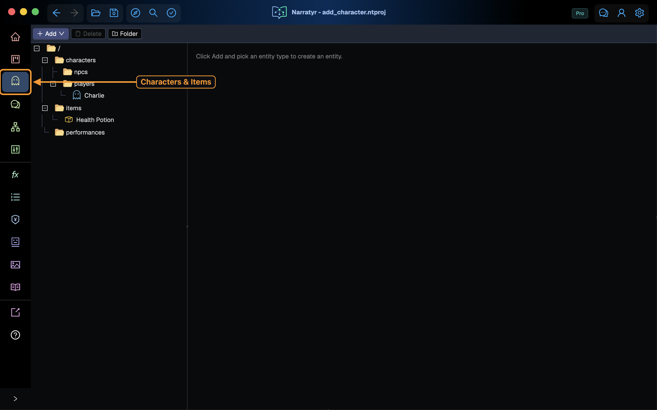 The Characters & Items view with its sidebar icon highlighted