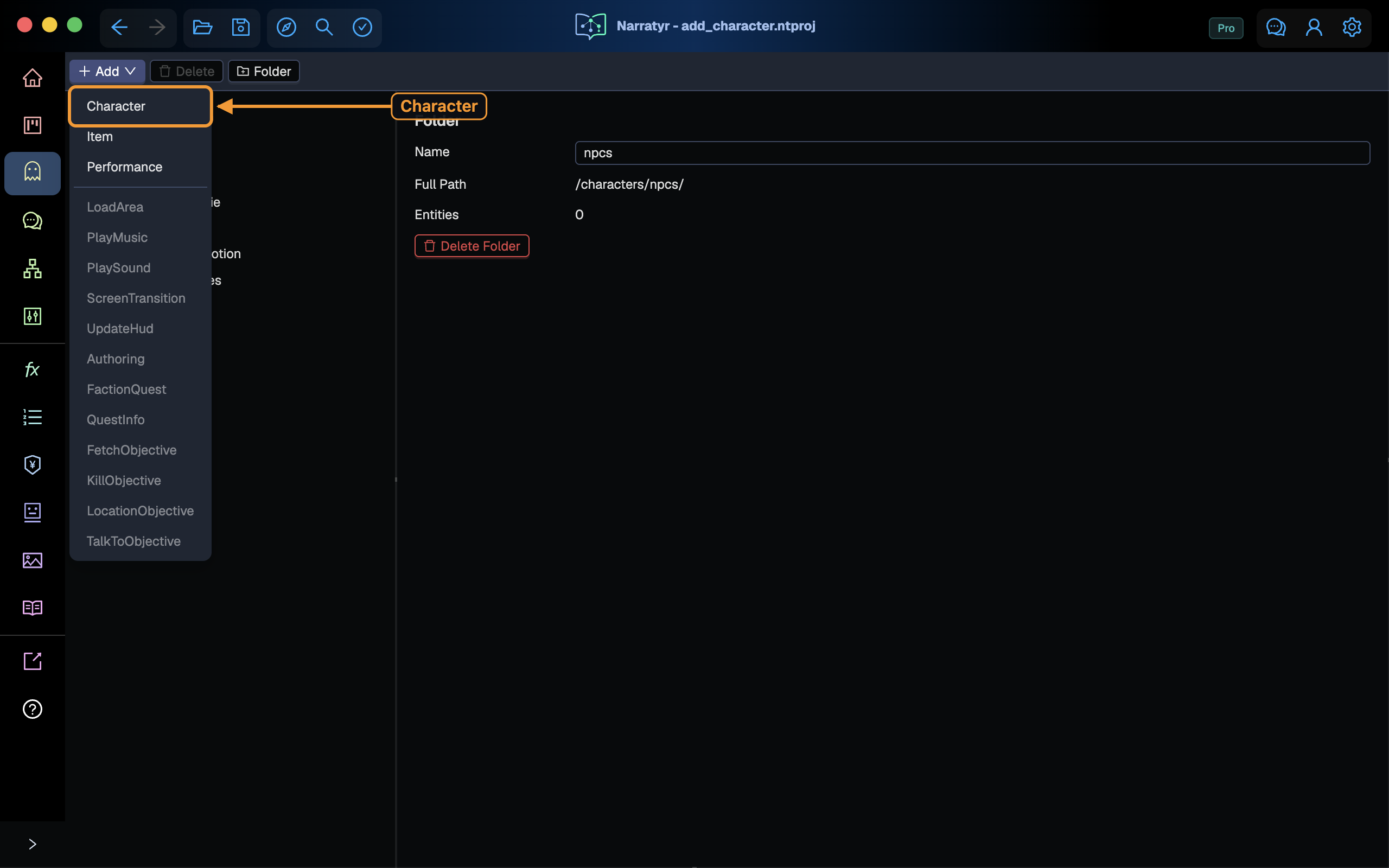 The Add menu showing the entity types defined by the project