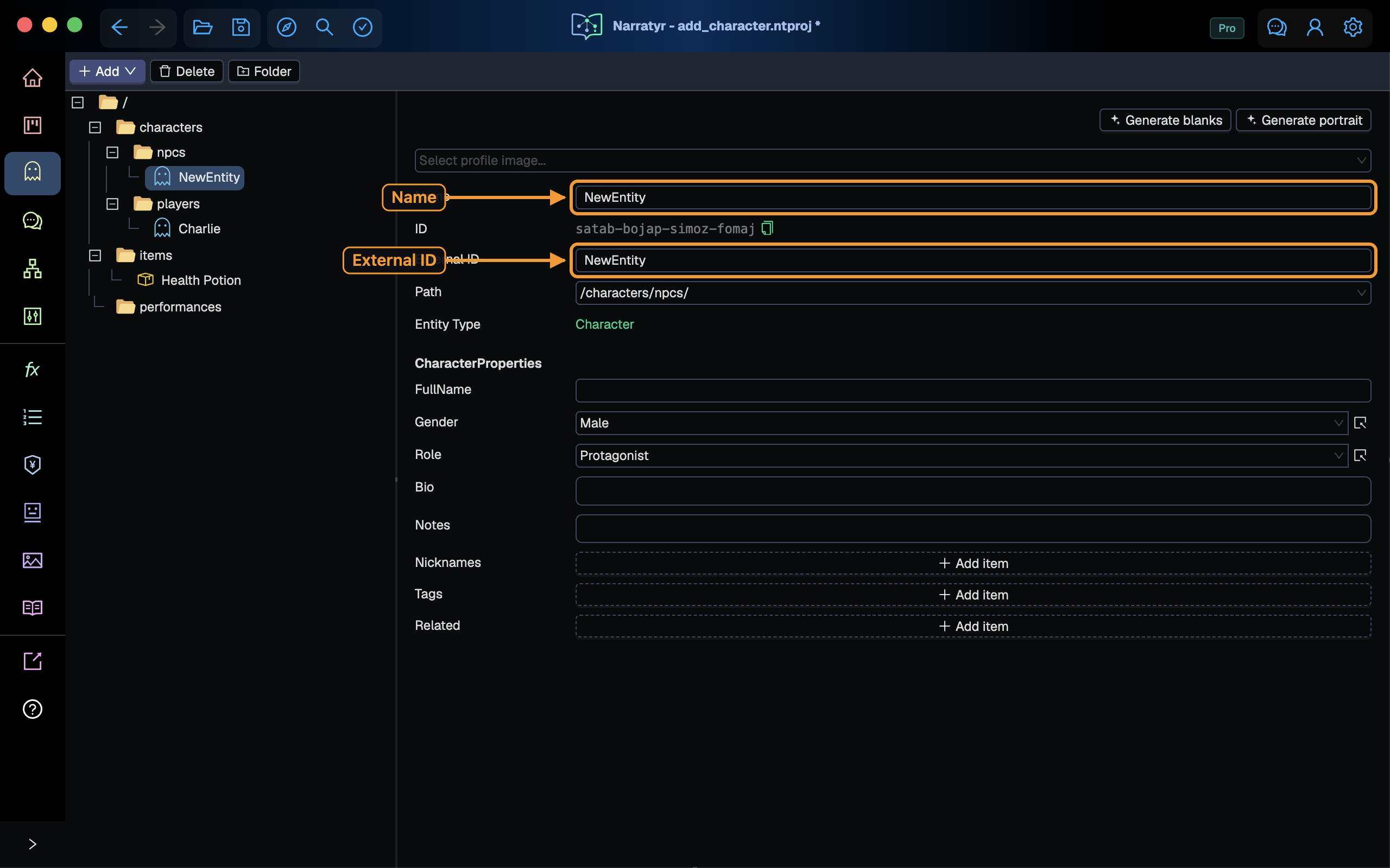 The new character with its Name and External ID fields highlighted