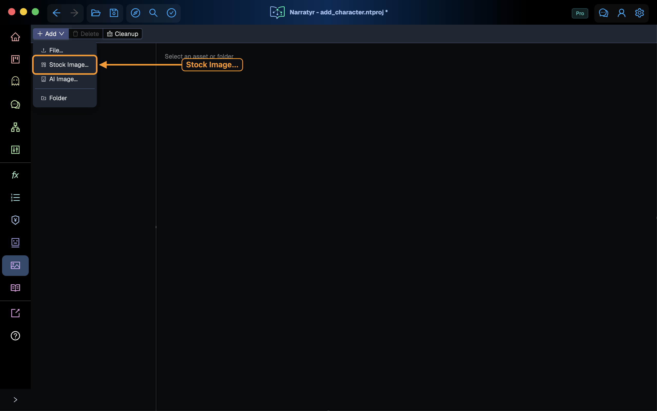 The Assets view Add menu with Stock Image highlighted