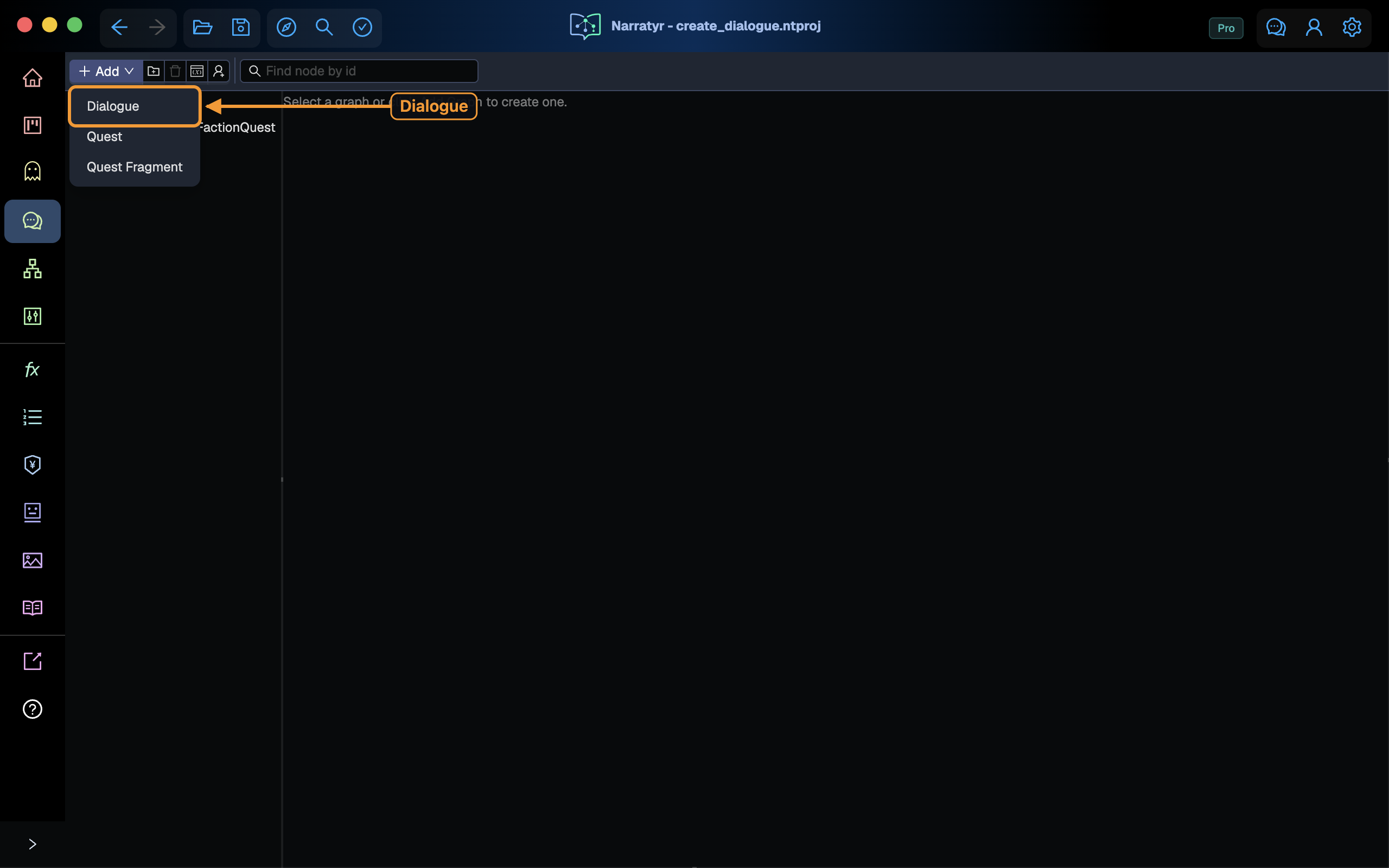 The Add menu showing Dialogue, Quest, and Quest Fragment
