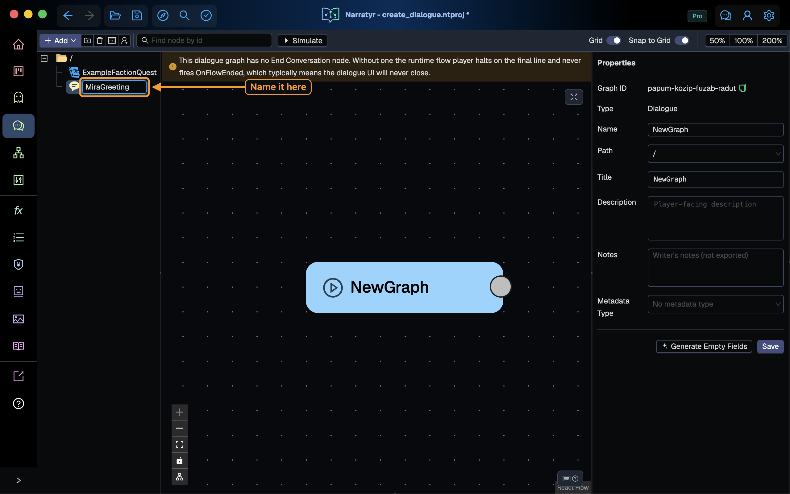 The graph name editor in the tree