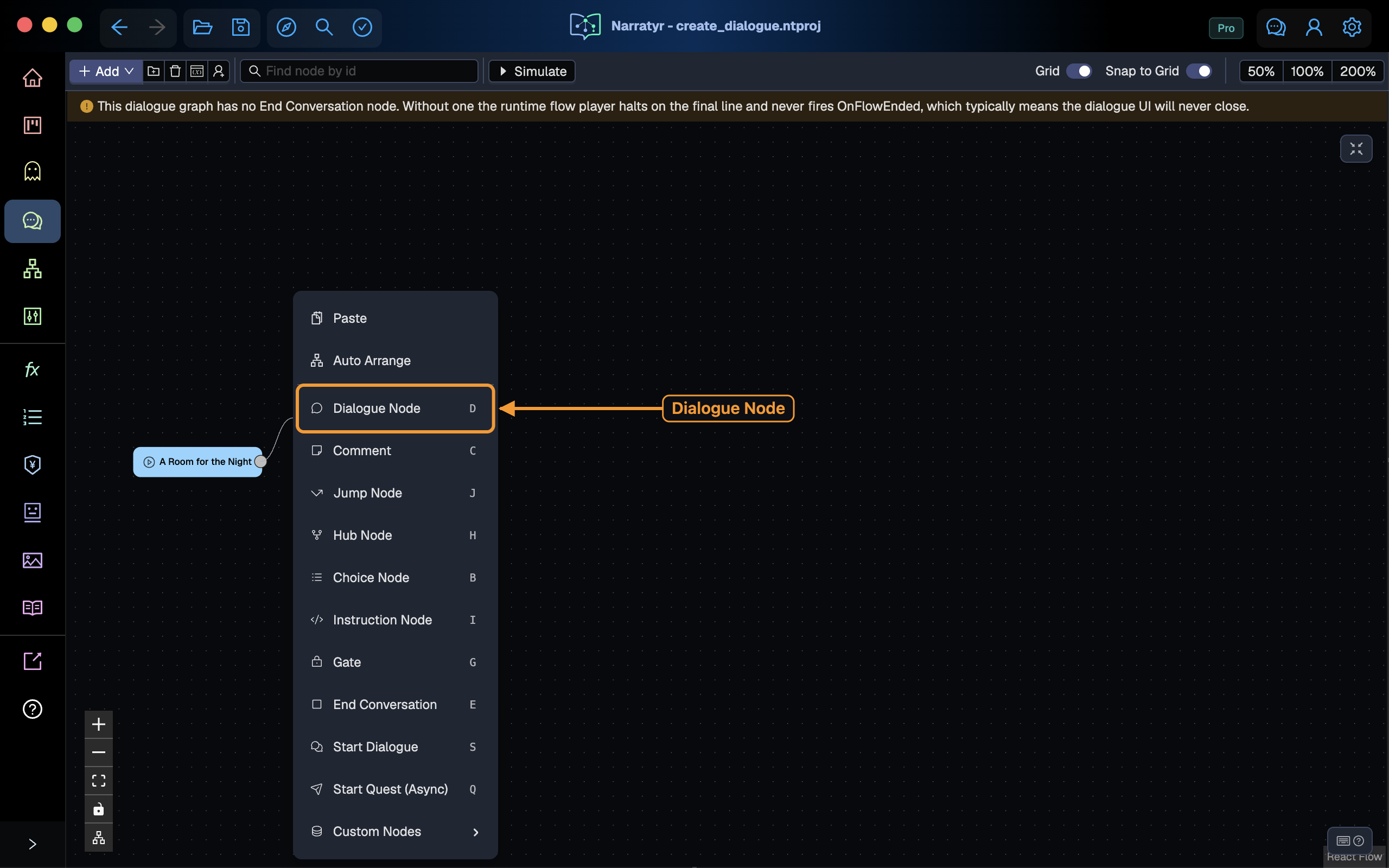 The insert menu opened from a connection