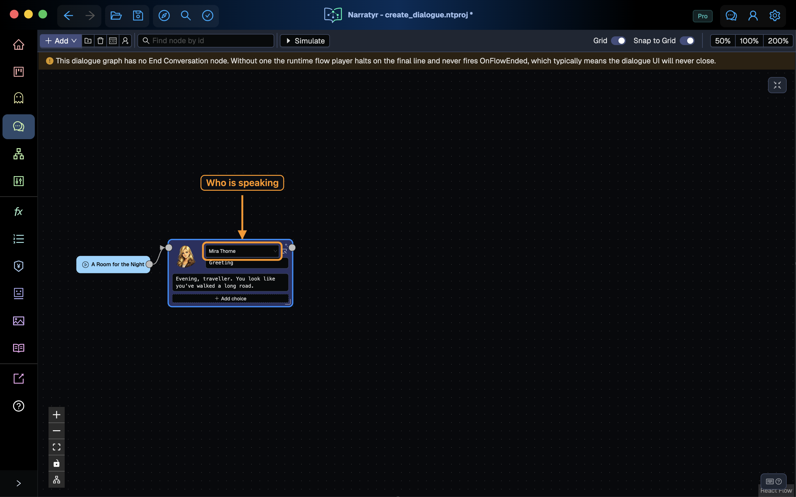 The first dialogue node with speaker and text
