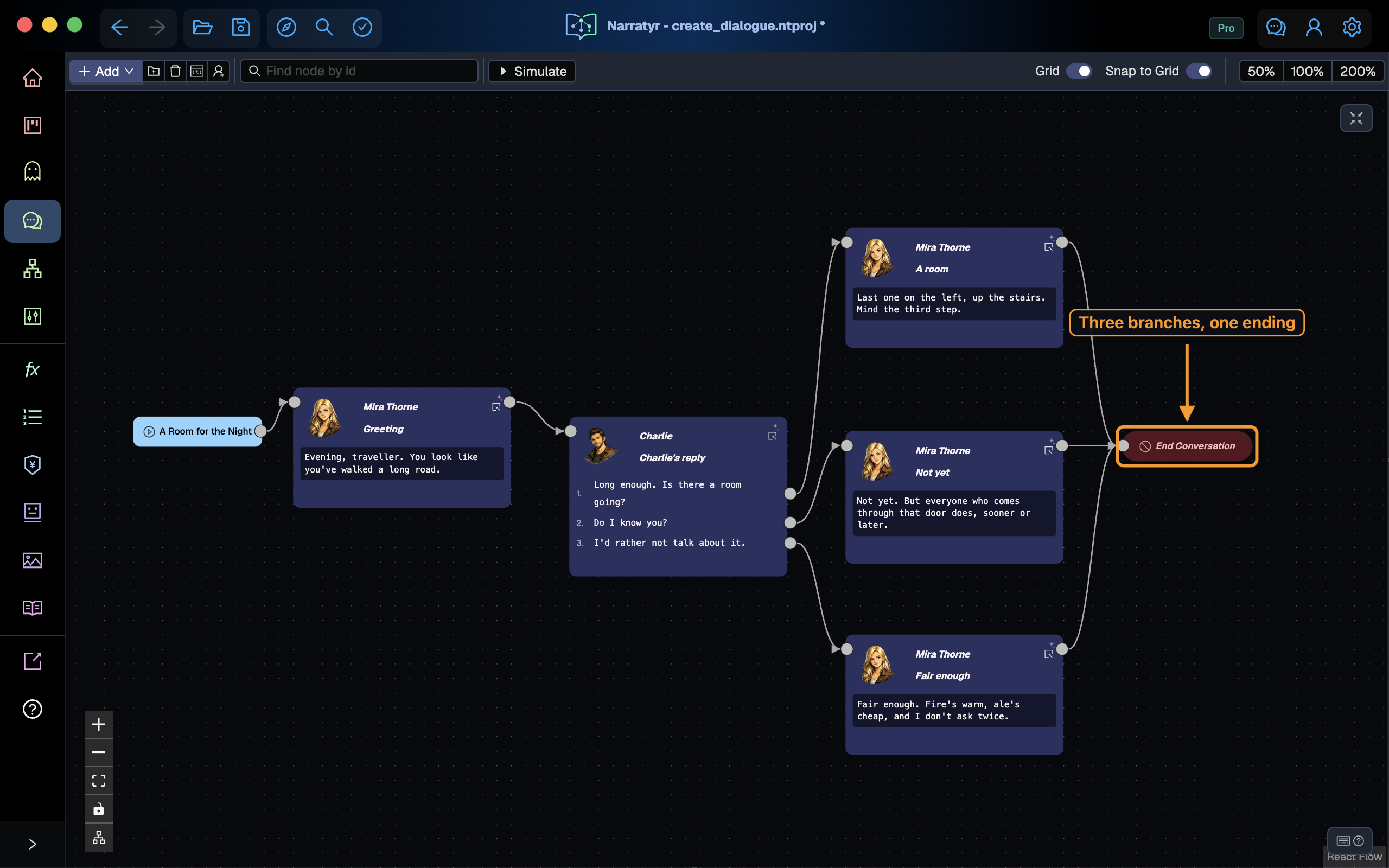 Dialogue branches connected to an End Conversation node