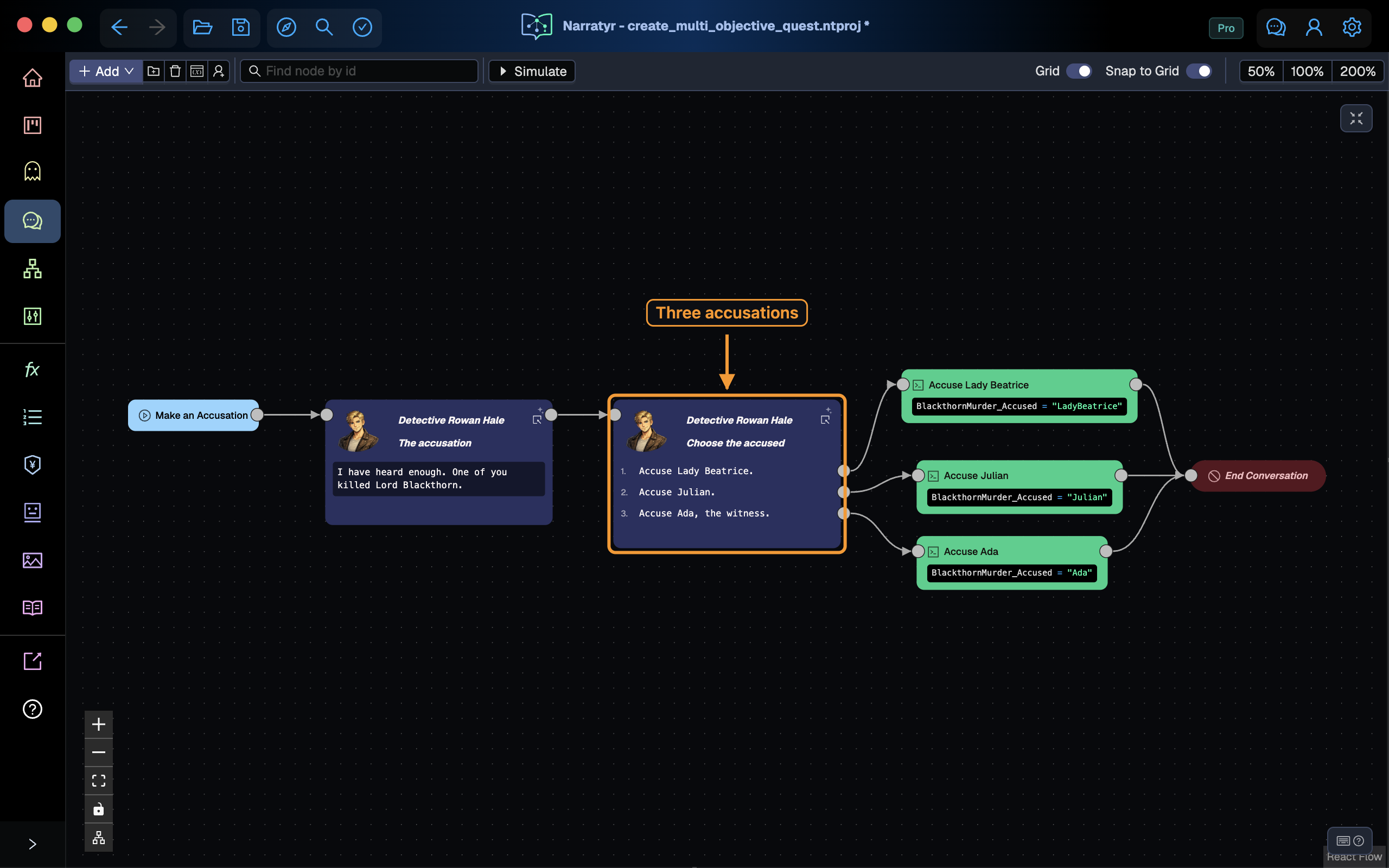 The accusation dialogue with three choices