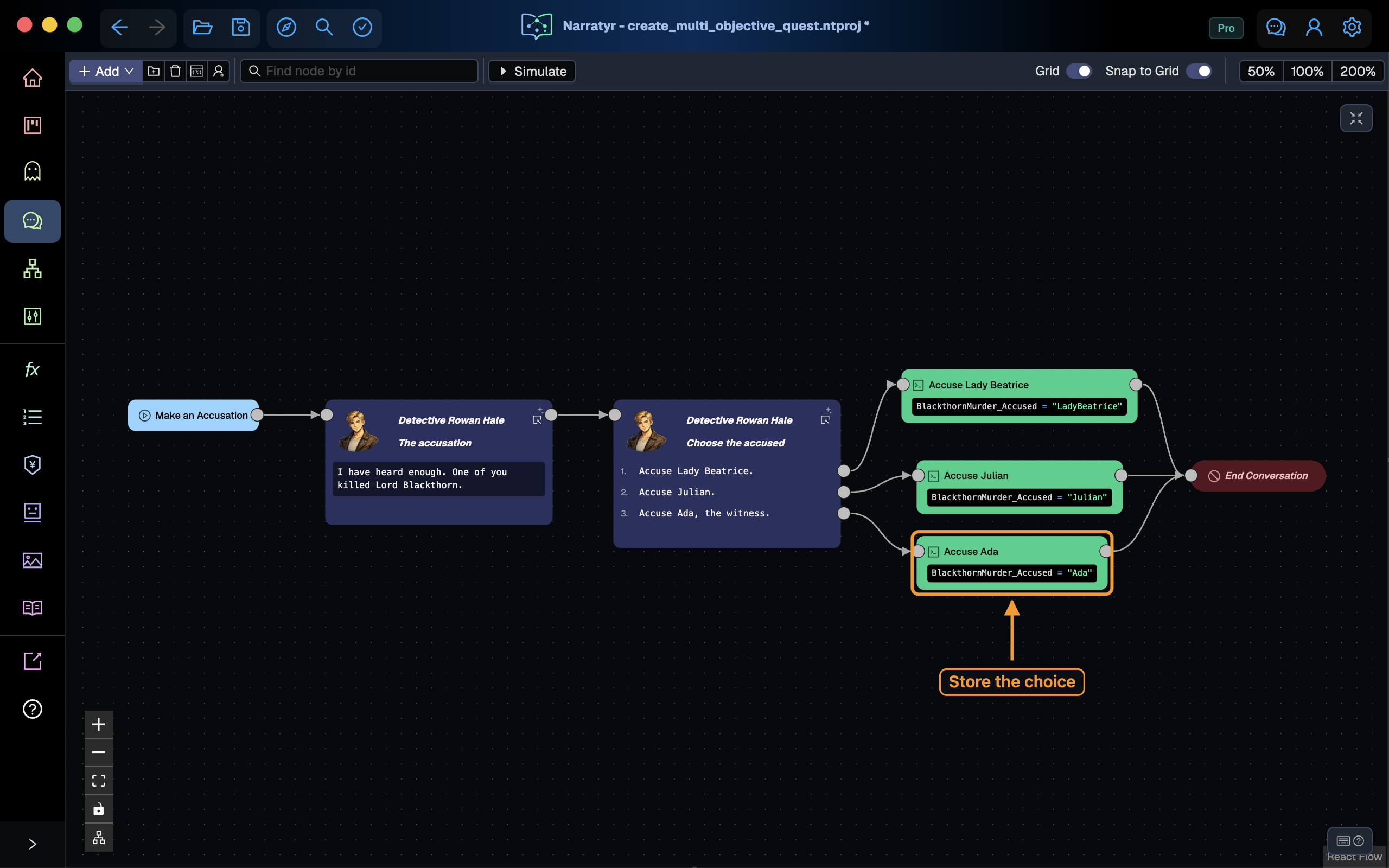 An accusation choice storing Ada in the result variable