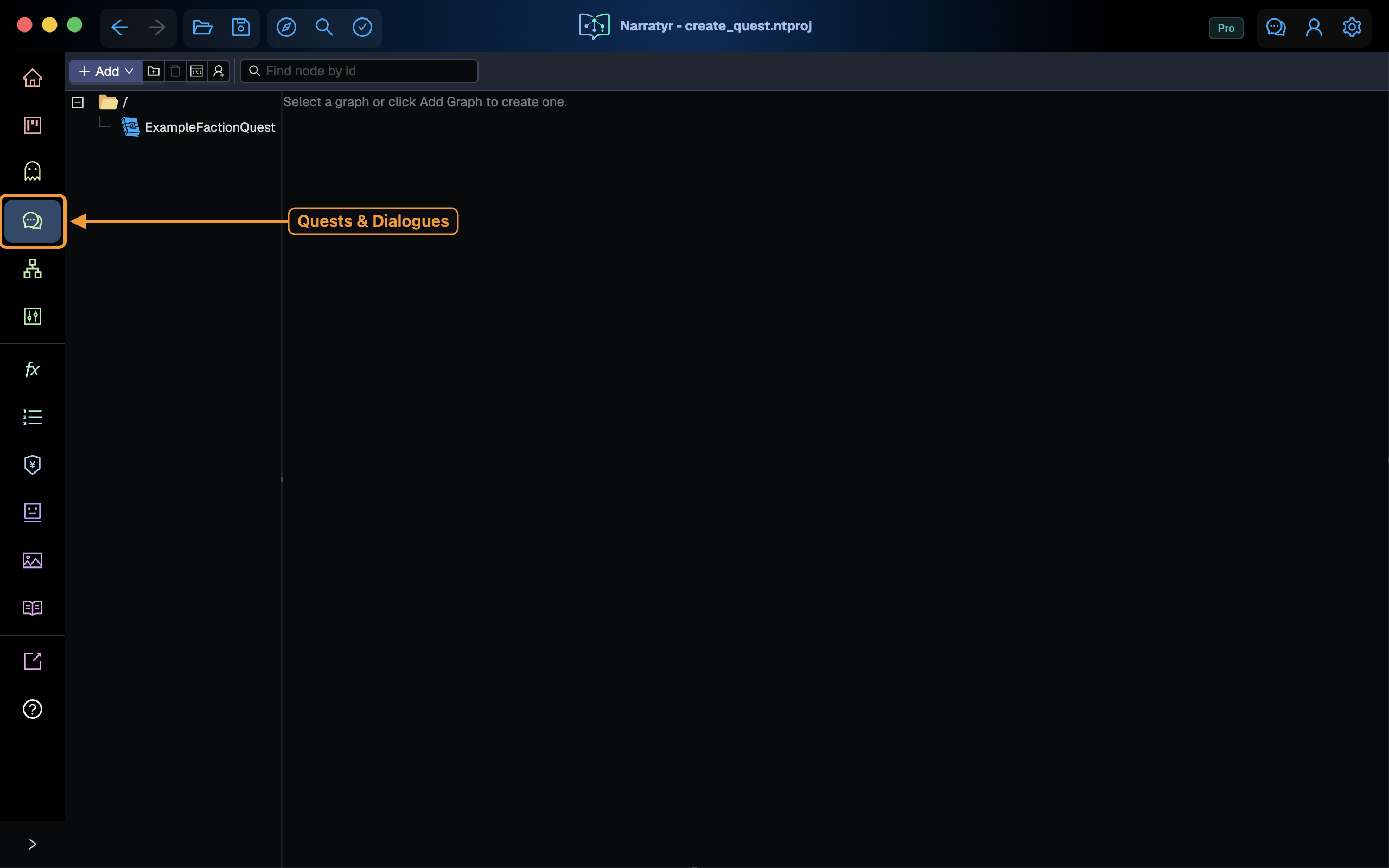 The Quests & Dialogues view with its sidebar icon highlighted