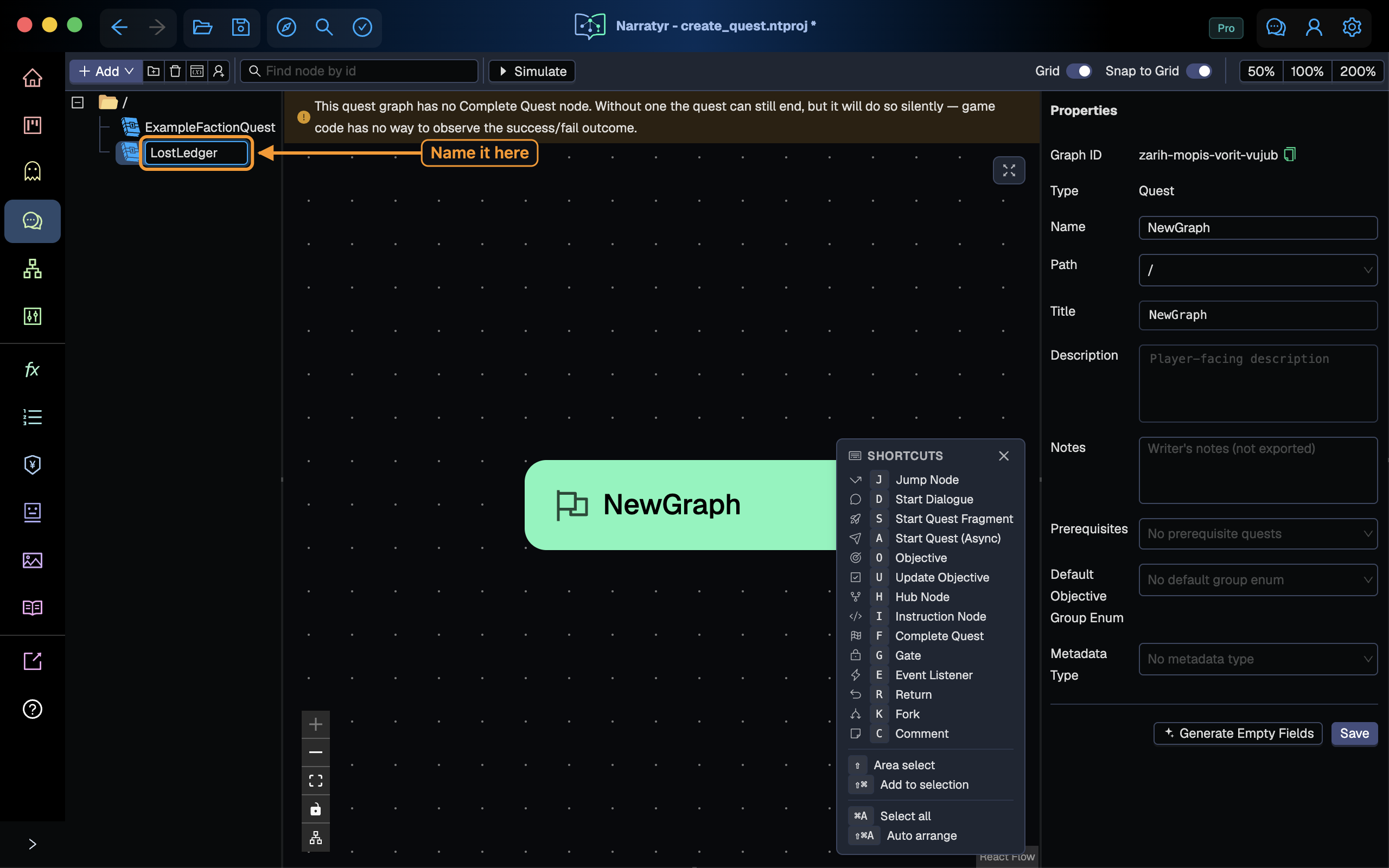The graph name editor in the tree
