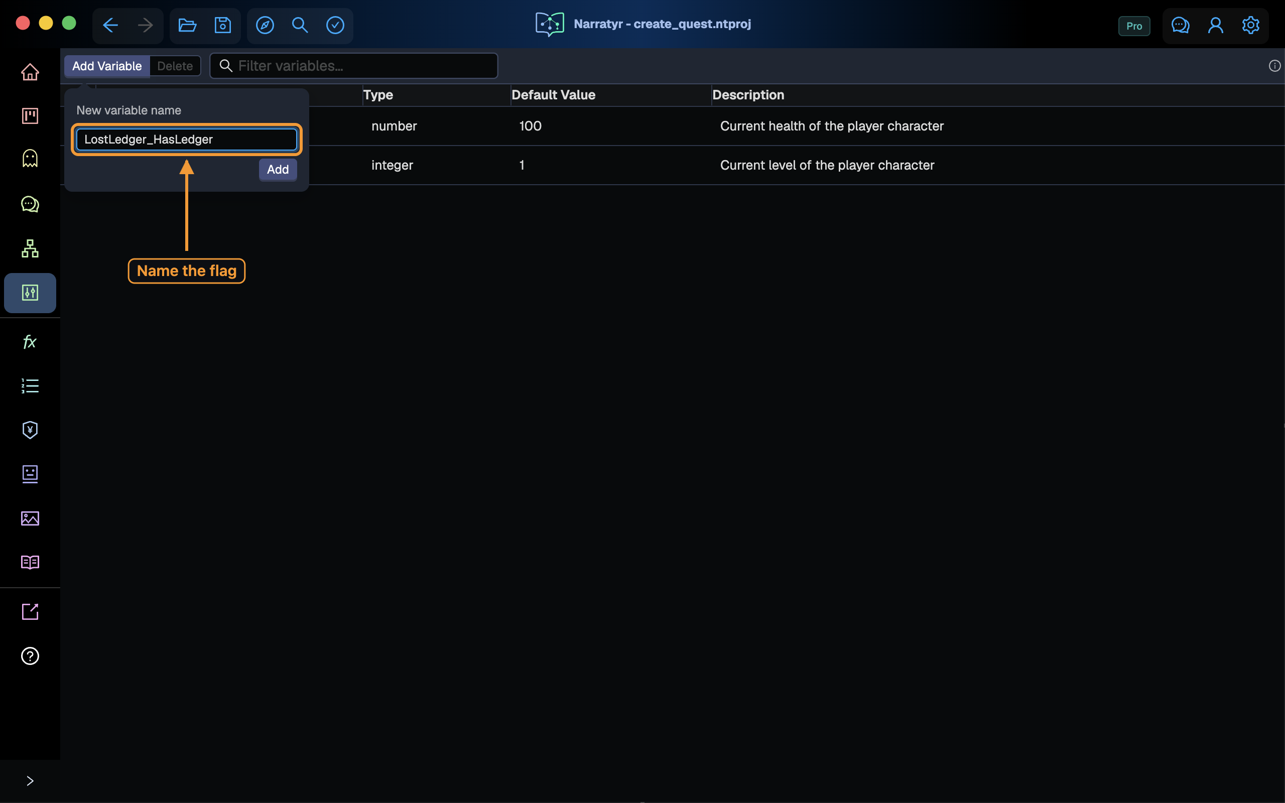 The Add Variable panel with the new name