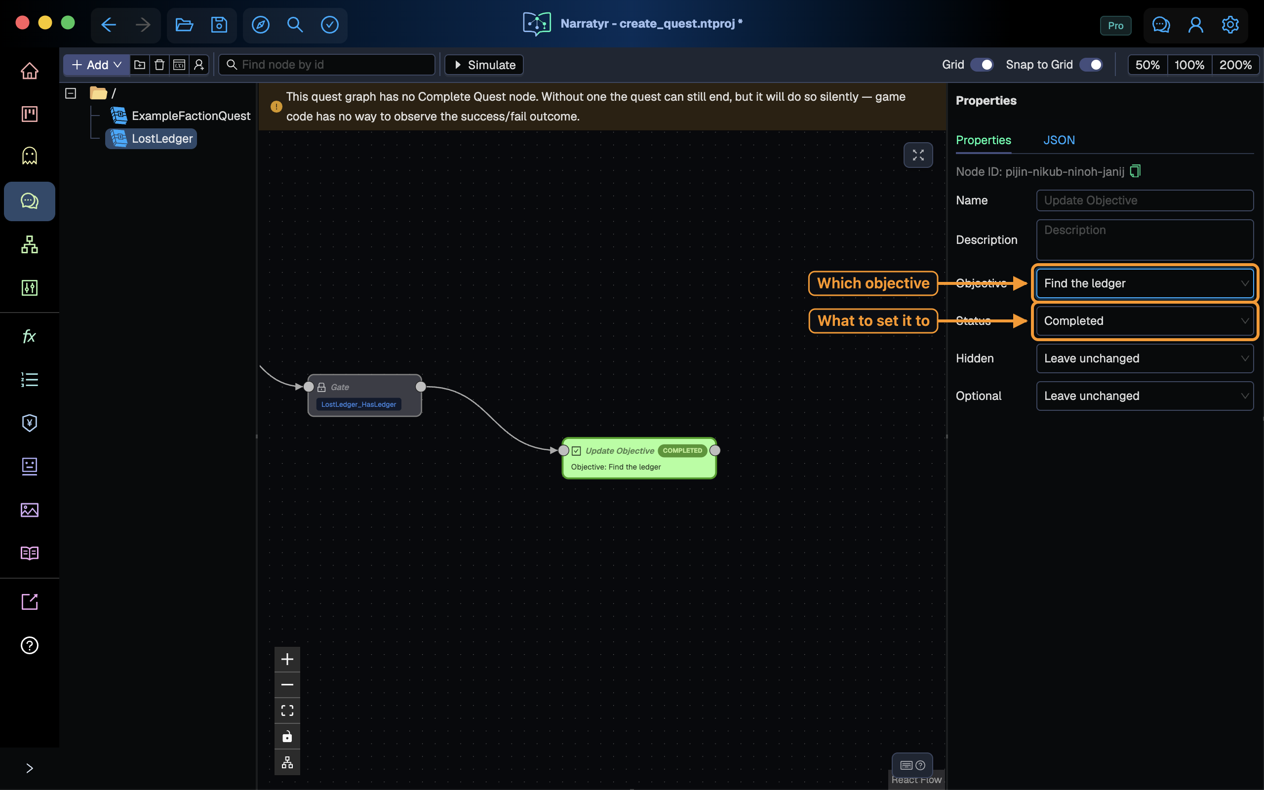 The Update Objective node with Completed status